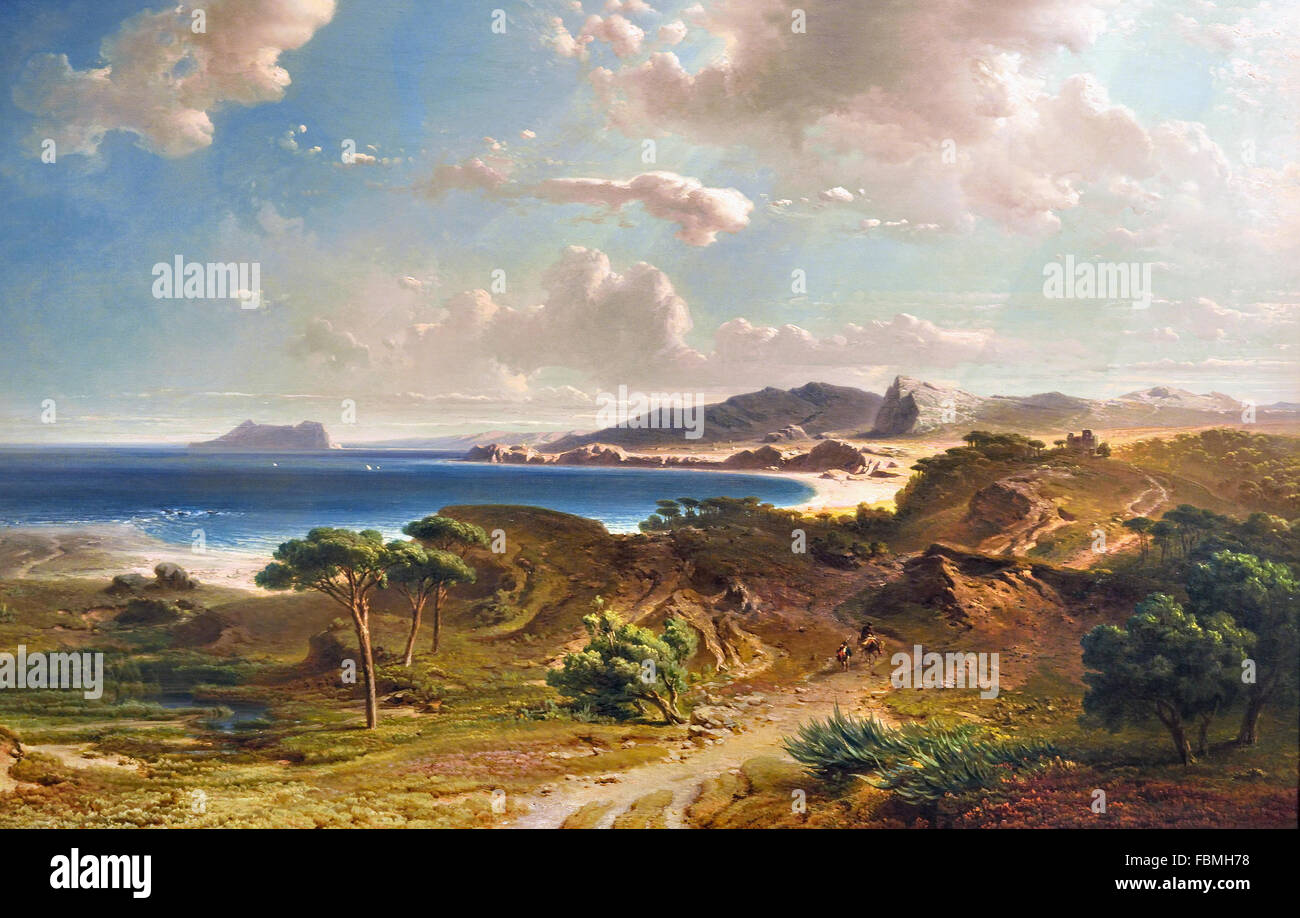 Spiaggia di Estepona con la Rocca di Gibilterra 1855 Fritz Bambergen 1814-1873 il tedesco in Germania Foto Stock