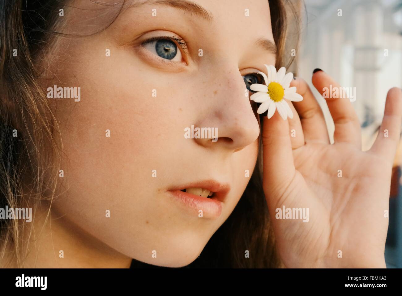 In primo piano di una ragazza con un fiore a margherita vicino al suo occhio Foto Stock
