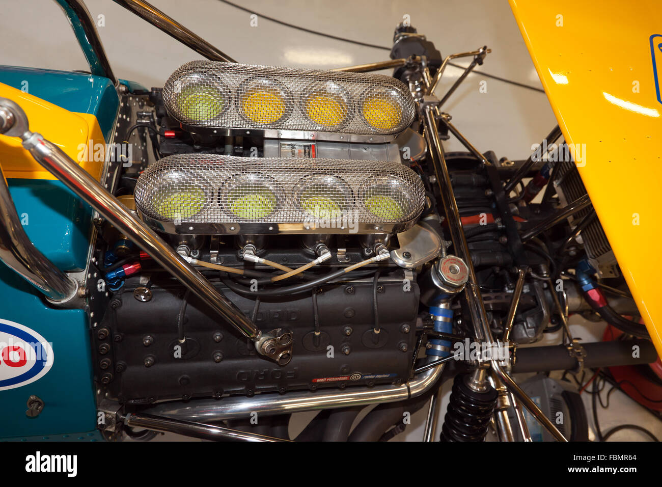Close-up del V8 DFV Ford Cosworth motore di un 1971, Brabham BT33 storica gara di Formula Uno auto. Foto Stock