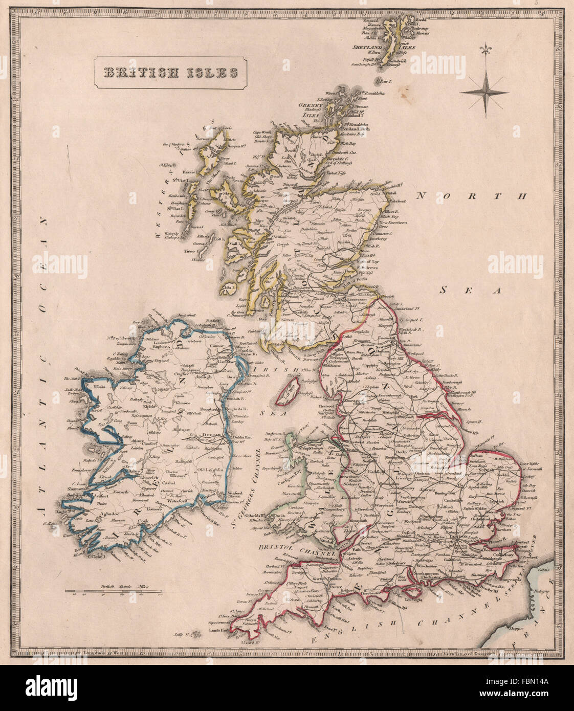 Isole britanniche che mostra le ferrovie. Profilo originale a colori. JOHNSON, 1850 mappa vecchia Foto Stock
