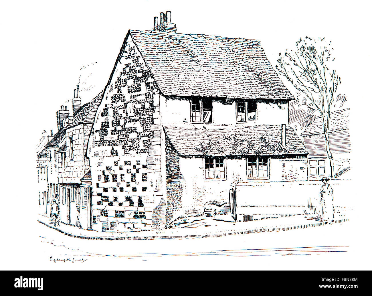 Regno Unito, Inghilterra, Wiltshire, Salisbury, vecchie pietre e mattoni a vista street corner cottage, linea 1911 Illustrazione di Sydney R Jones Foto Stock