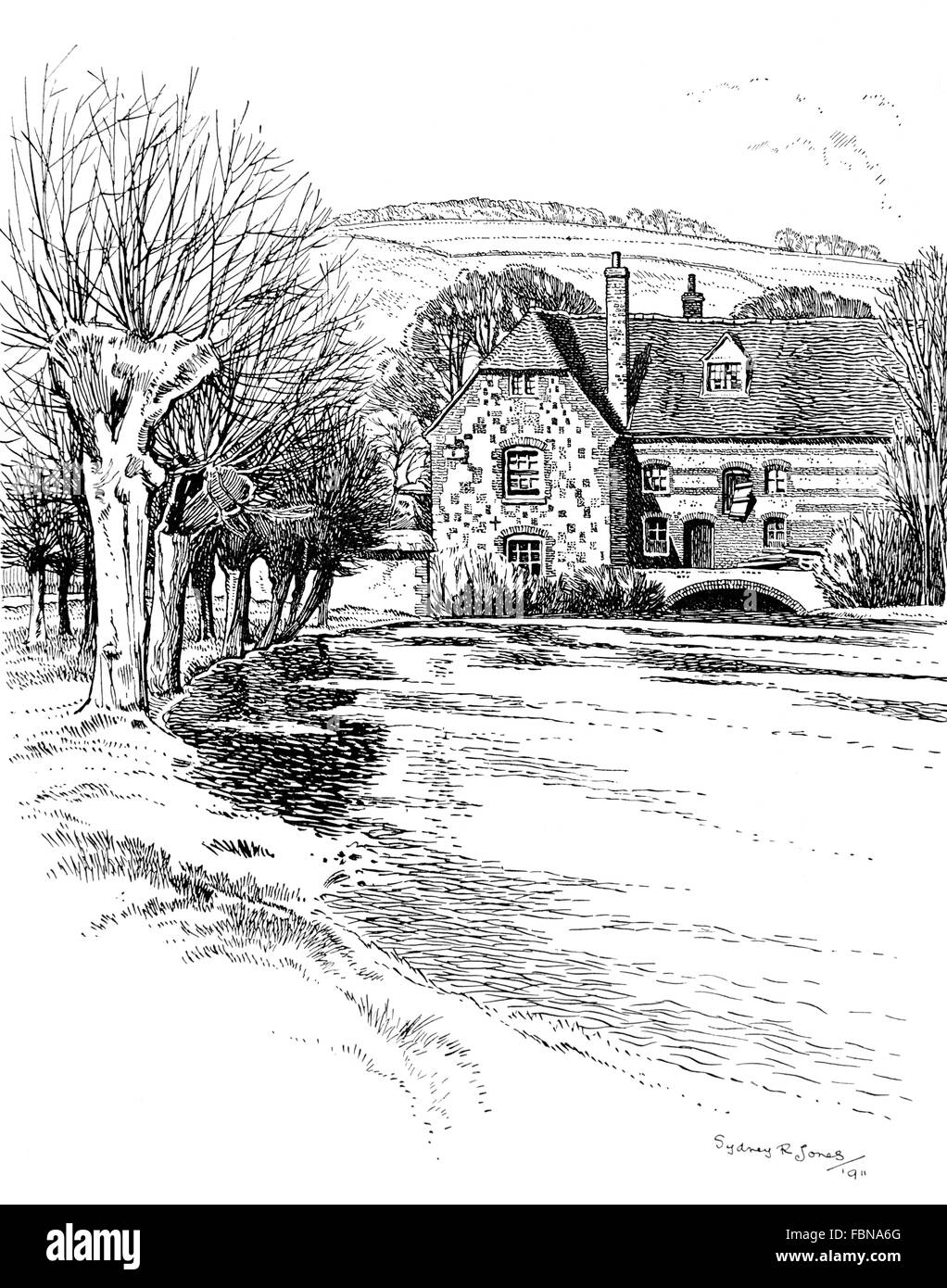 Regno Unito, Inghilterra, Wiltshire, Medio Woodford, alberi pollarded accanto al mulino, linea 1911 Illustrazione di Sydney R Jones Foto Stock