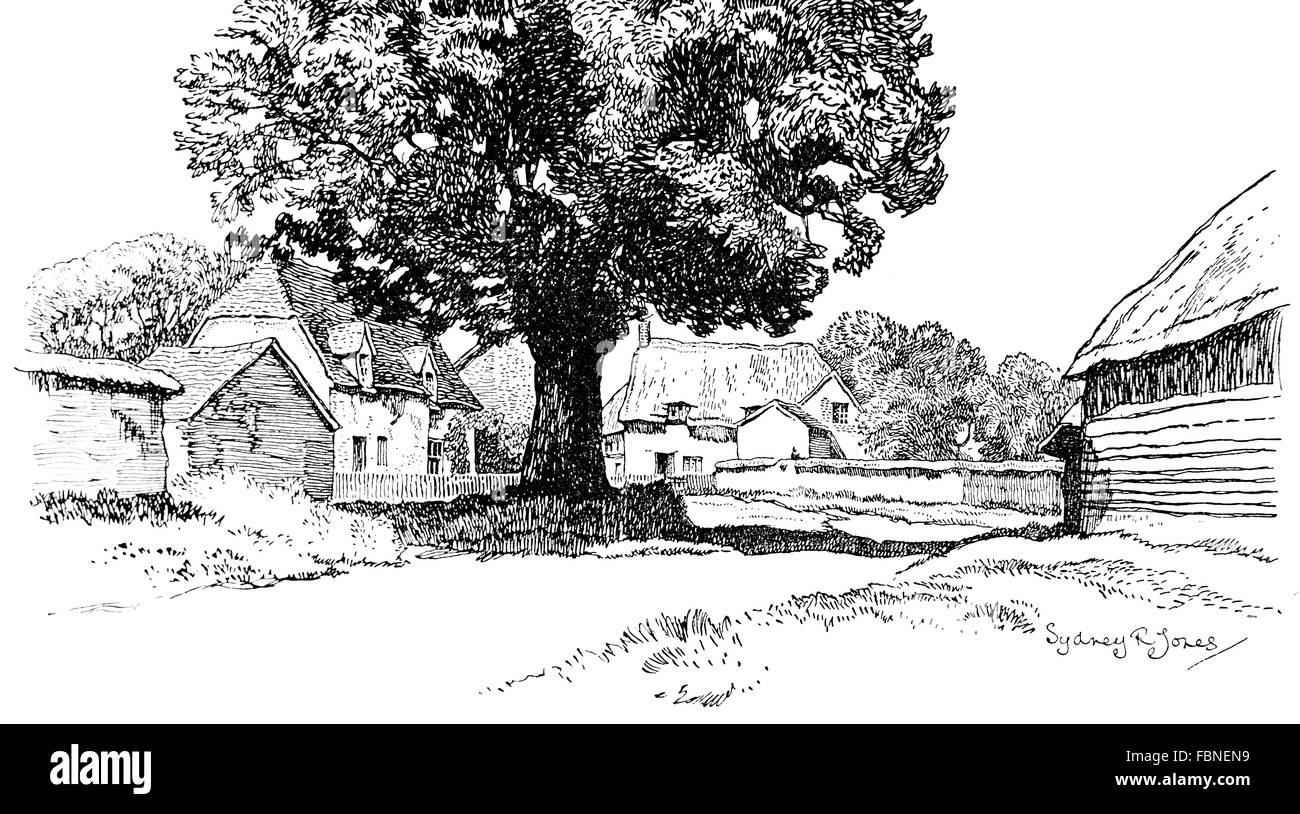 Regno Unito, Inghilterra, Buckinghamshire, Upton village, vecchio cottage con il tetto di paglia, 1911 Illustrazione di linea da, Sydney R Jones Foto Stock