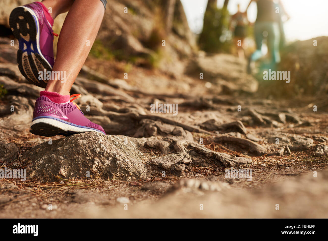 Close up di un atleta di piedi indossando calzature sportive su un  impegnativo sterrato. Trail Running allenamento sul terreno roccioso  all'esterno Foto stock - Alamy