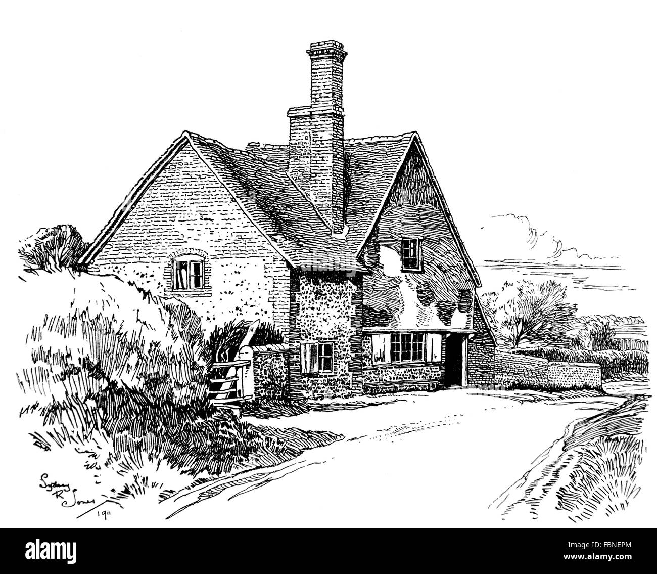 Regno Unito, Inghilterra, Buckinghamshire, Downley, vecchia casa accanto alla strada 1911, illustrazione di linea da, Sydney R Jones Foto Stock