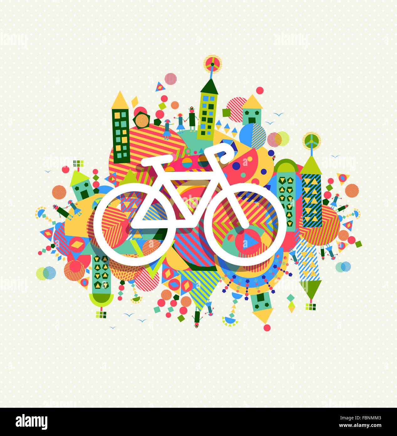 Go Green bike concept design poster. Colori vibranti geometrica ambiente eco forme con contorno di bicicletta icon illustrazione. Illustrazione Vettoriale