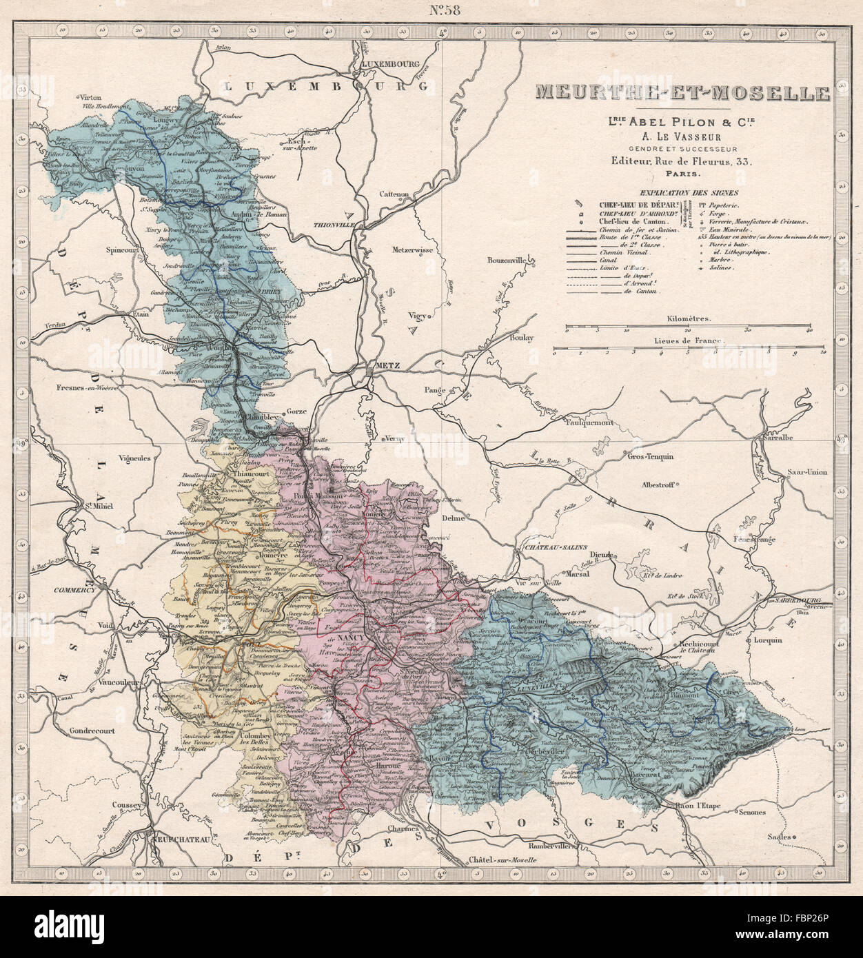 MEURTHE-ET-MOSELLE department che mostra le risorse e minerali. LE VASSEUR, 1876 Mappa Foto Stock