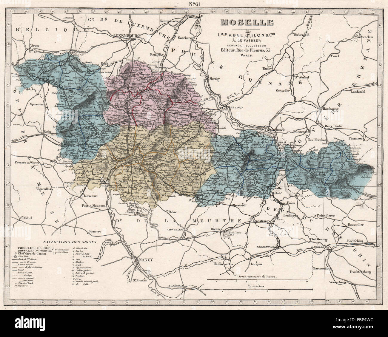 Dipartimento della Mosella che mostra le risorse e minerali. LE VASSEUR, 1876 Mappa antichi Foto Stock