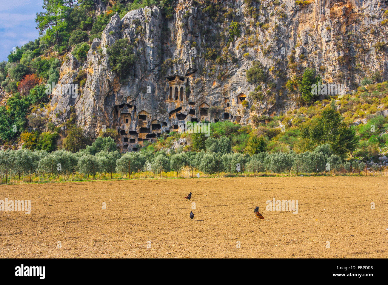 Lycian tombe scavate nella roccia a Fethiye (Turquey). Tombeaux lyciens taillés dans le roc à Fethiye (Turquie) Mugla Foto Stock