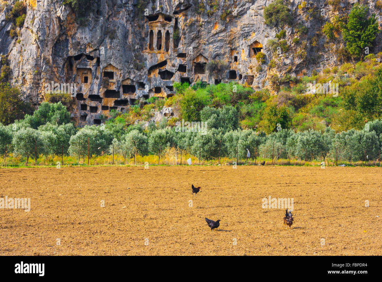 Lycian tombe scavate nella roccia a Fethiye (Turquey). Tombeaux lyciens taillés dans le roc à Fethiye (Turquie) Mugla Foto Stock