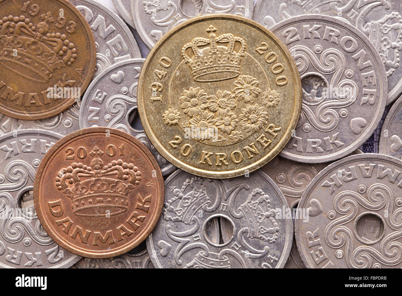 Diverse monete della corona danese Foto Stock