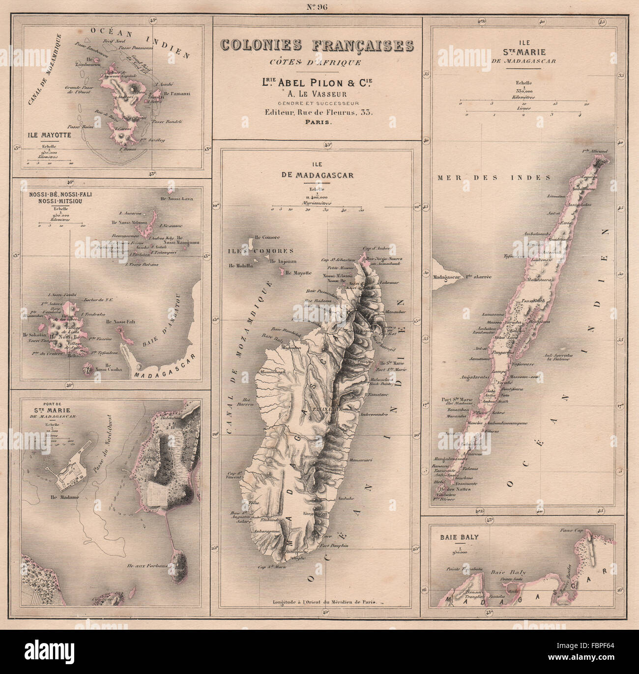 MADAGASCAR. Nossi-Bé/Nosy Be. Iles Sainte Marie & Mayotte. Baie de Baly 1876 mappa Foto Stock