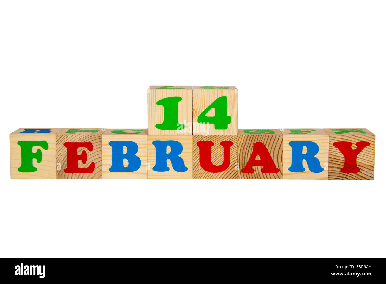 Cubo di legno con iscrizione 14 febbraio Foto Stock