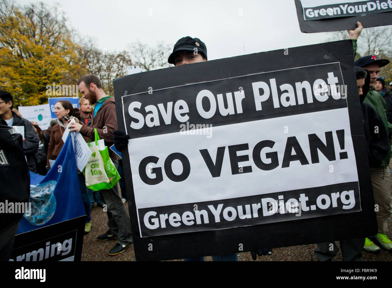 Novembre 21, 2015, Washington DC USA: attivisti ambientali protesta di fronte alla Casa Bianca (donna holding 'Salva il nostro pianeta, Go Vegan " segno) Foto Stock