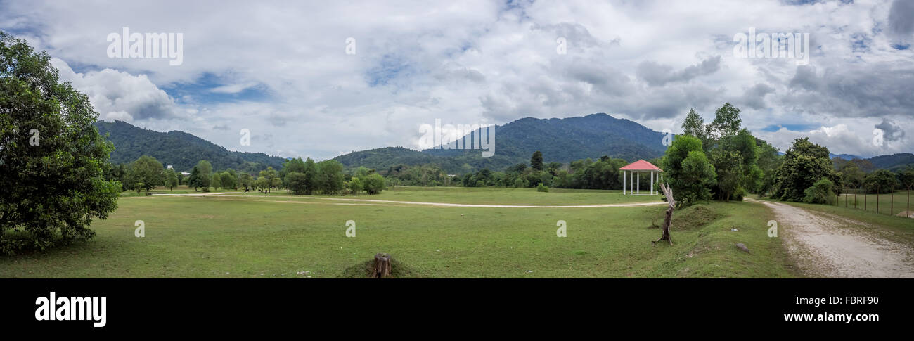 Verdi Pascoli di montagna alle spalle e cieli nuvolosi. Foto Stock