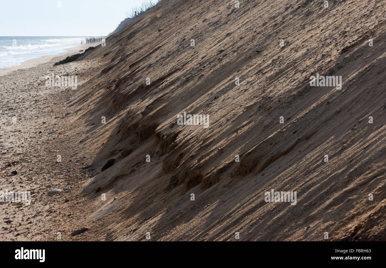 Erosione costiera usura sedimenti da una ripida scarpata glaciale alla luce Nauset Beach, Cape Cod National Seashore, MA, Stati Uniti d'America Foto Stock