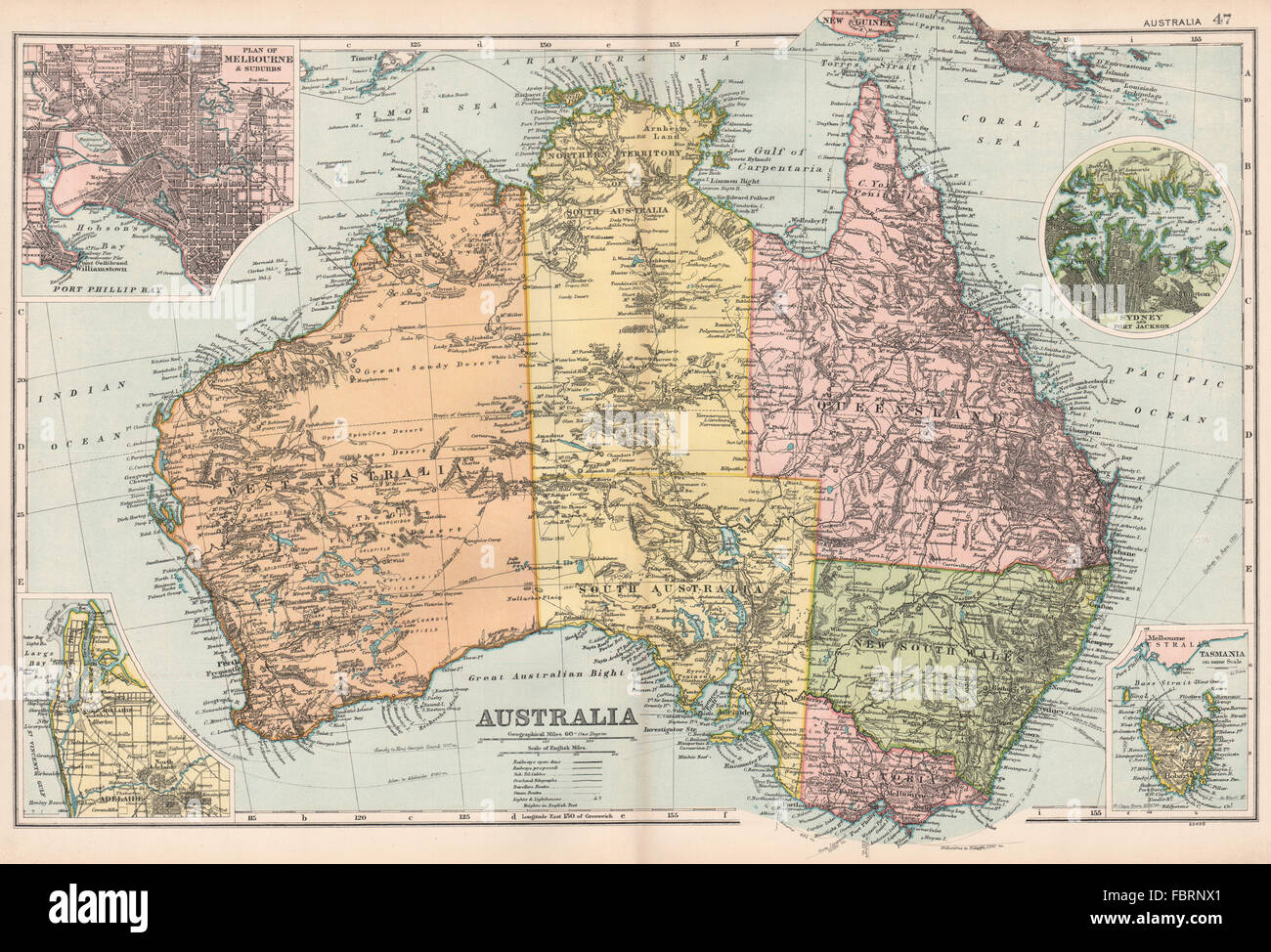 AUSTRALIA a Melbourne Sydney Adelaide piani. Per gli esploratori percorsi. BACON 1903 mappa Foto Stock