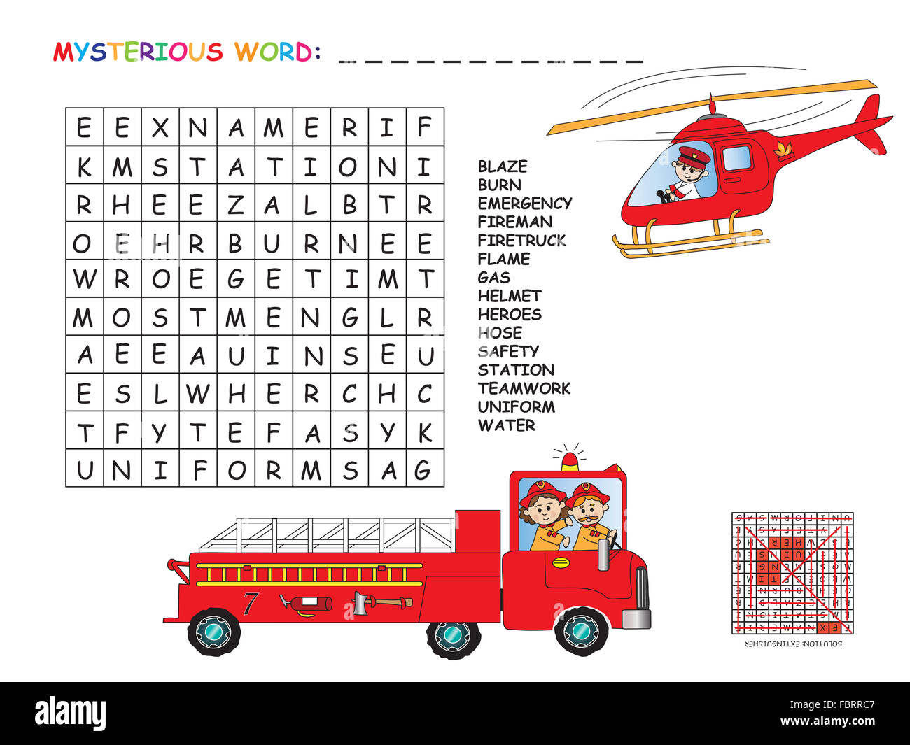 Gioco per bambini : Trovare tutte le parole (orizzontale, verticale e diagonale). Utilizzare le lettere restanti per trovare la parola misteriosa. Foto Stock
