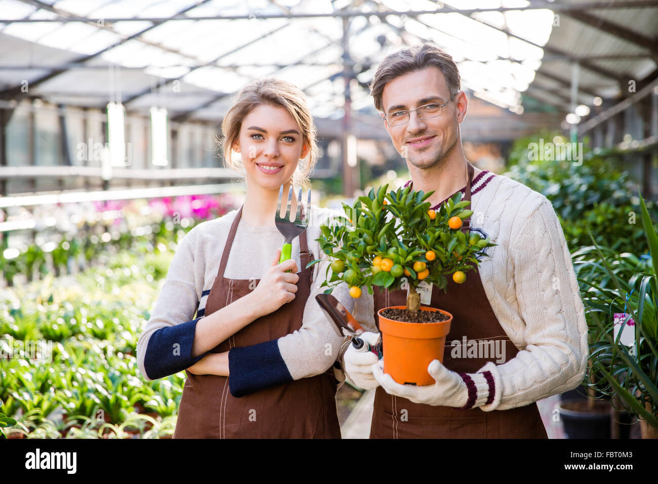 Felice attraente donna e uomo giardinieri azienda piccola mandarine tree e gli strumenti per le piante transplsntation nel centro giardino Foto Stock