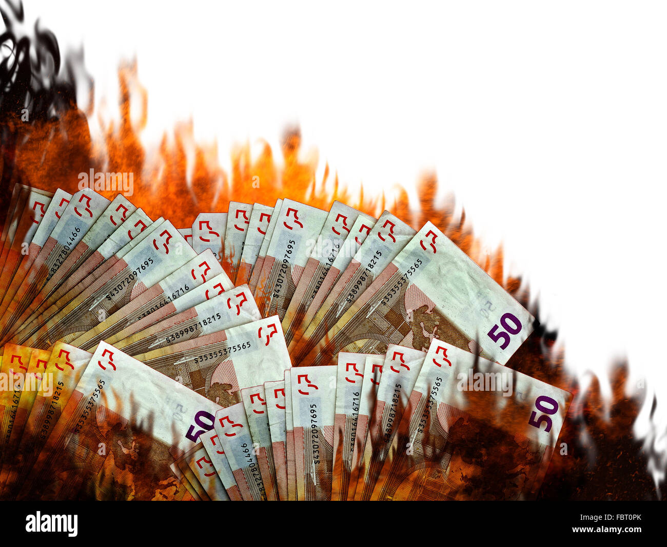 Valuta Euro o i mercati finanziari di masterizzazione - sul fuoco o in fiamme. Il mercato azionario, UE crisi finanziaria ecc. Sfondo bianco. Foto Stock