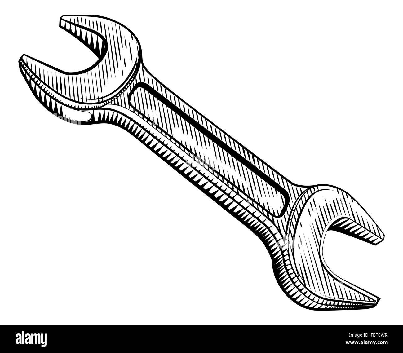 Un meccanico o chiave per idraulici disegnato in un vintage retrò woodblock xilografia style Foto Stock