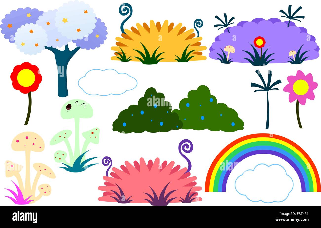 Illustrazione Vettoriale pack di varie piante fiori di albero e rainbow in flat colorato stile carino. Illustrazione Vettoriale