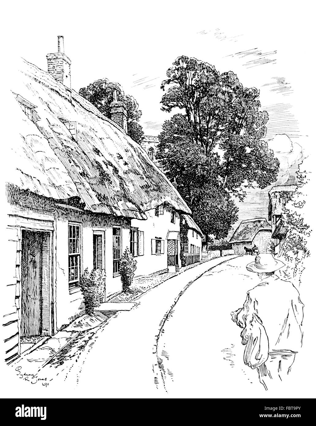 Regno Unito, Inghilterra, Oxfordshire, East Hendred, Church Street, cottage con il tetto di paglia, 1911, illustrazione di linea da, Sydney R Jones Foto Stock