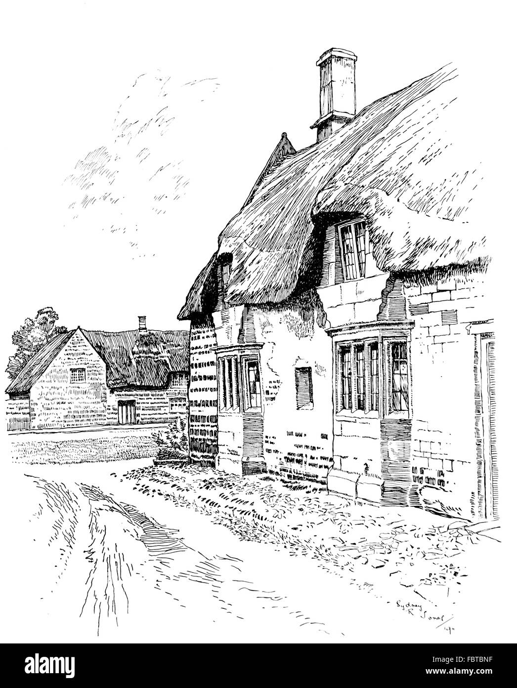 Regno Unito, Inghilterra, Rutland, Caldecott, vecchio cottage con il tetto di paglia con finestre a bovindo accanto alla strada attraverso il villaggio, nel 1911, illustrazione di linea b Foto Stock