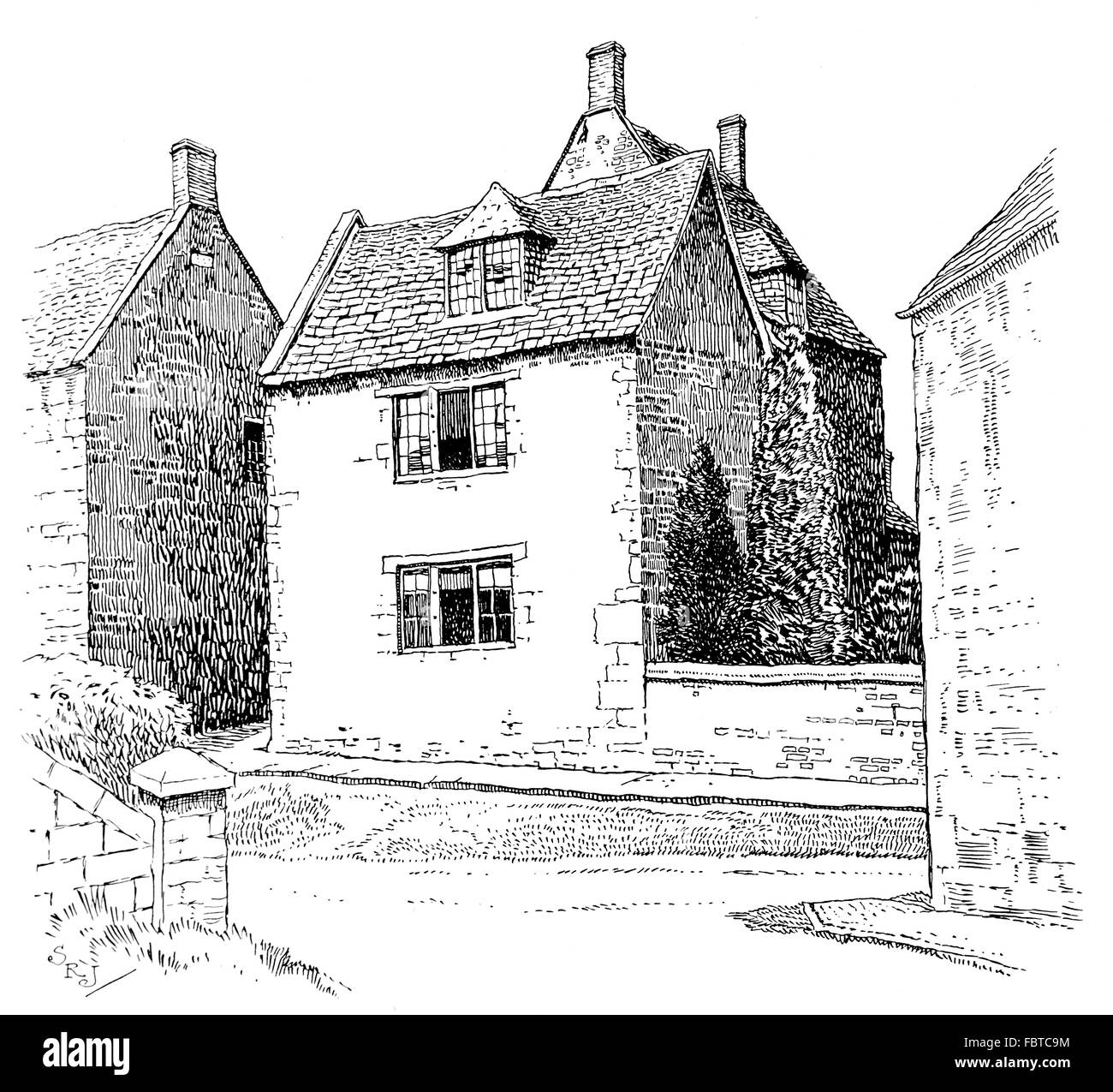 Regno Unito, Inghilterra, Northamptonshire, Ashley village, vecchia casa con finestre dormer nel tetto di tegole, nel 1911, illustrazione di linea Foto Stock