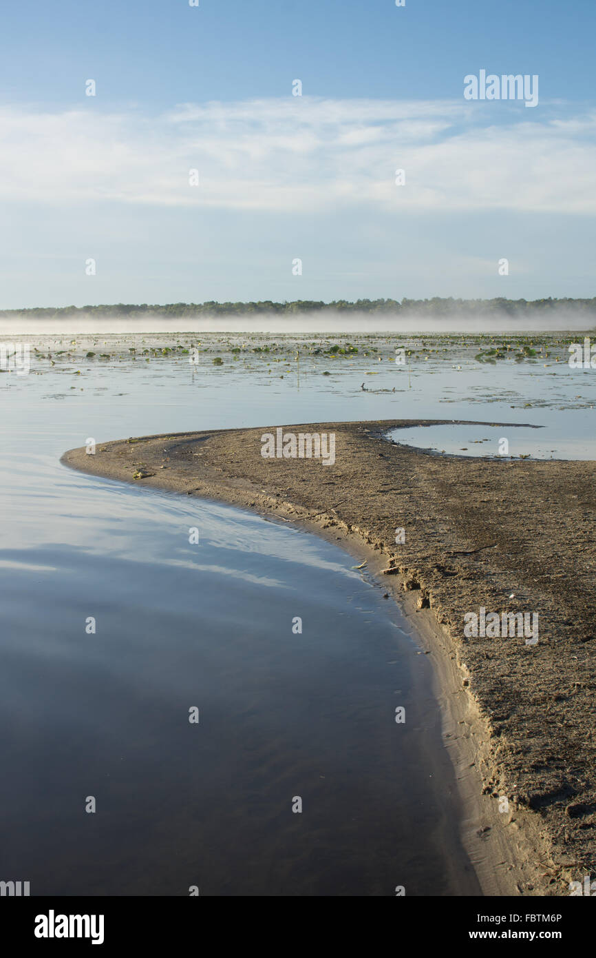 Nelle prime ore del mattino, su un lago, un sandbar sporge nell'acqua, puntando a basso appeso un banco di nebbia. Foto Stock
