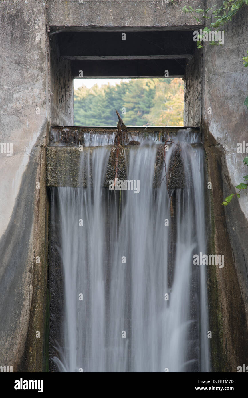 Acque correnti sopra il canale di scarico di una piccola diga in calcestruzzo che blocchi Hartman Creek e forma un piccolo lago. Foto Stock