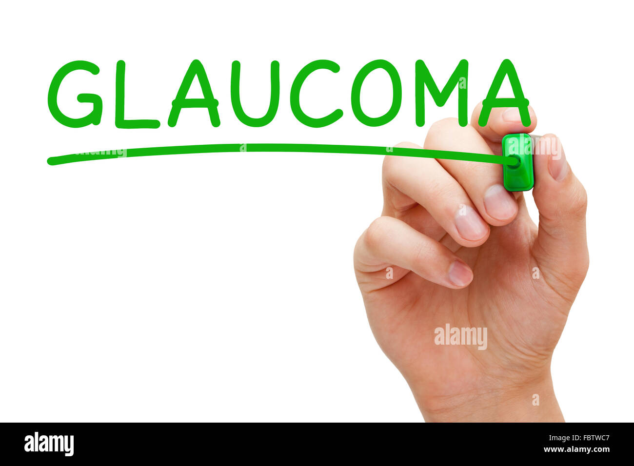 La scrittura a mano il glaucoma con il contrassegno verde sul panno trasparente stampato. Foto Stock