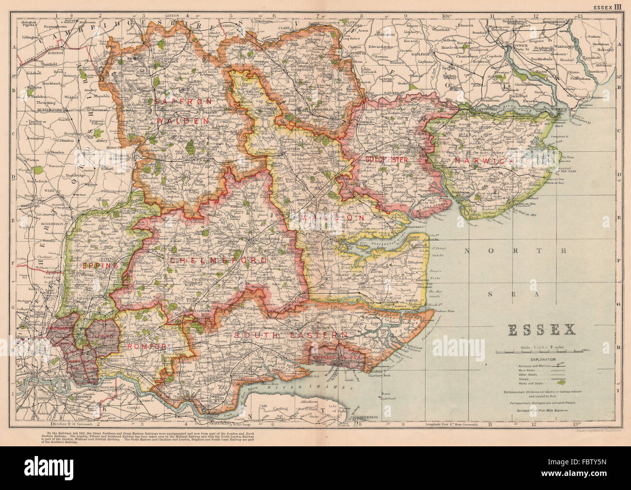 ESSEX. Mostra divisioni parlamentare, boroughs & parchi. BACON, 1927 mappa vecchia Foto Stock