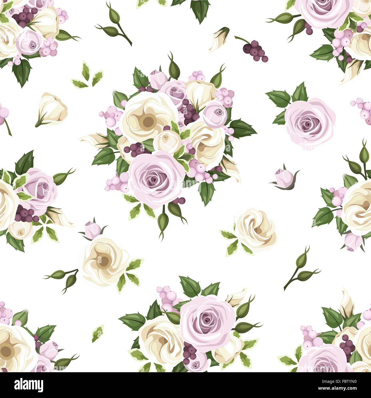 Modello senza cuciture con viola e bianco rose e lisianthus fiori. Illustrazione Vettoriale. Illustrazione Vettoriale