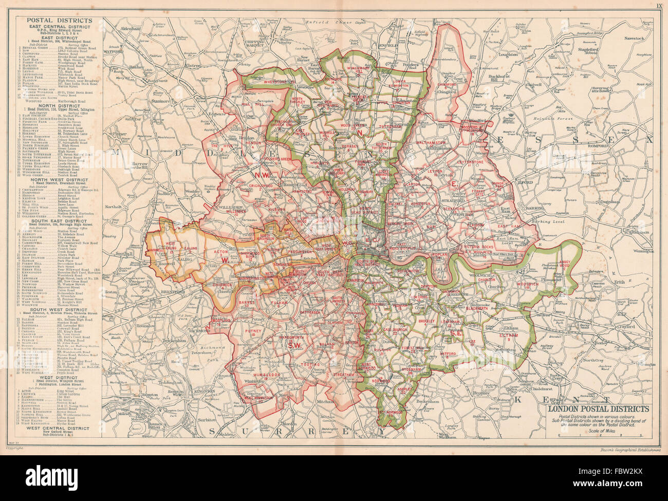 Londra distretti postali. Il codice post aree. N NW W SW SE E. BACON, 1927 mappa vecchia Foto Stock