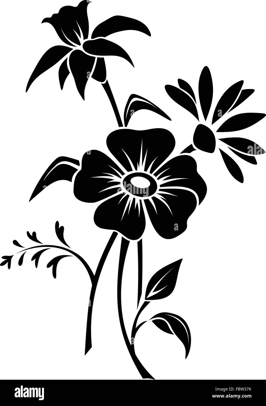 Silhouette nera di fiori. Illustrazione Vettoriale. Illustrazione Vettoriale
