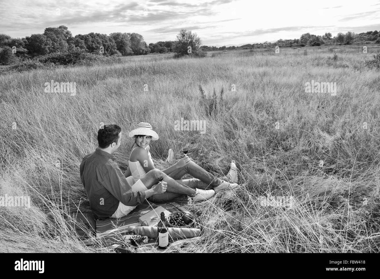 Coppia felice godendo di campagna picnic in erba lunga Foto Stock