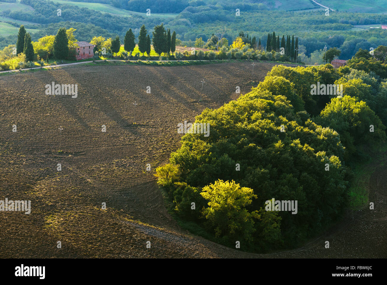 Campi arati nel pittoresco paesaggio dell'Italia. Paesaggio toscano. Foto Stock