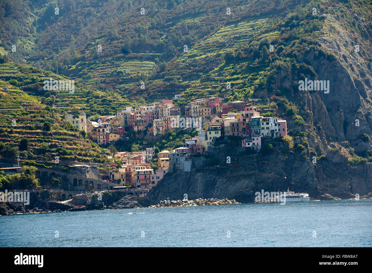 In Italia, la Liguria, il Parco Nazionale delle Cinque Terre Manarola sito Patrimonio Mondiale dell'UNESCO, il Mar Mediterraneo, cliff top Foto Stock