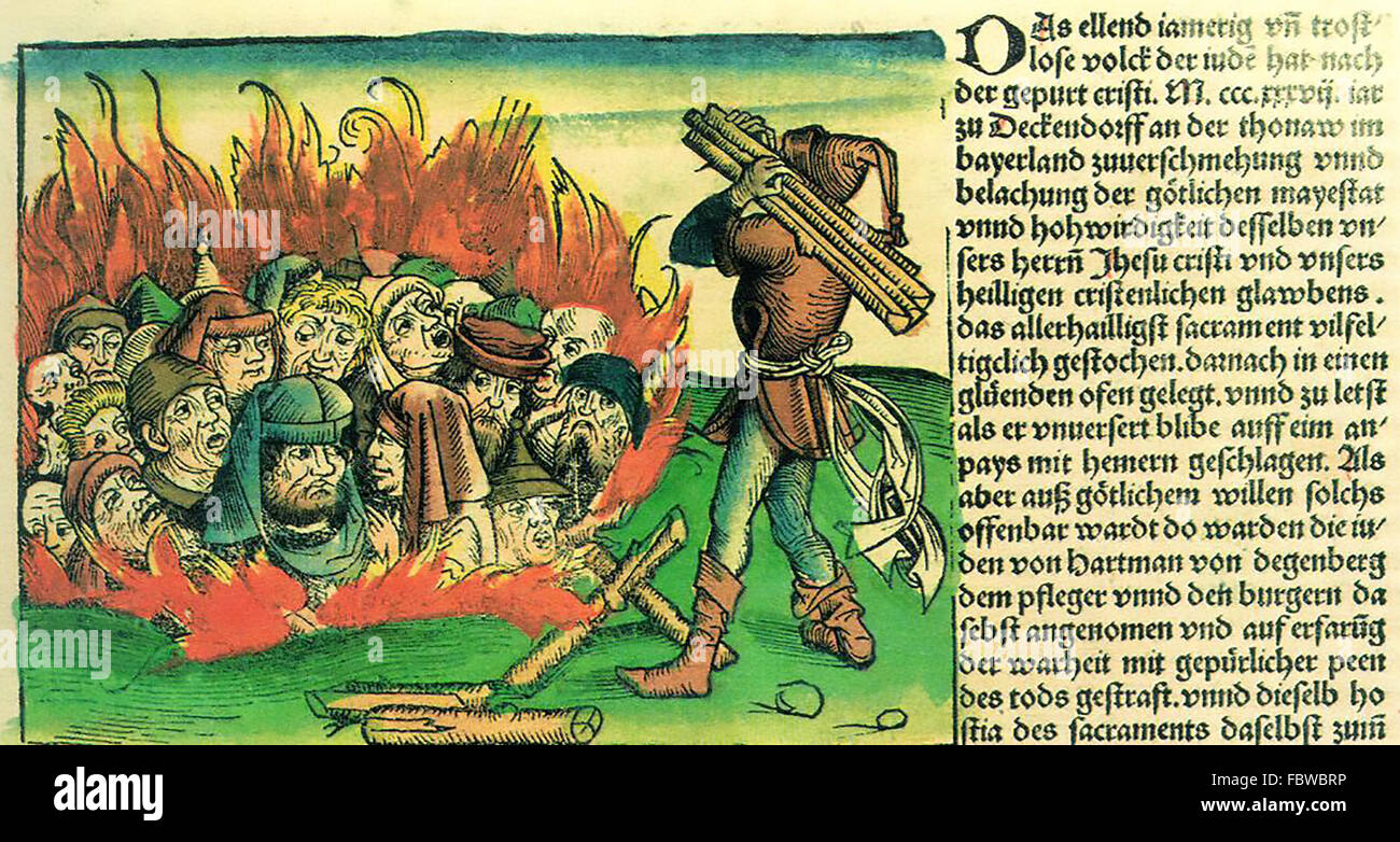Cronaca di Norimberga 1493. Illustrazione che mostra gli ebrei vengono bruciate a morte Foto Stock