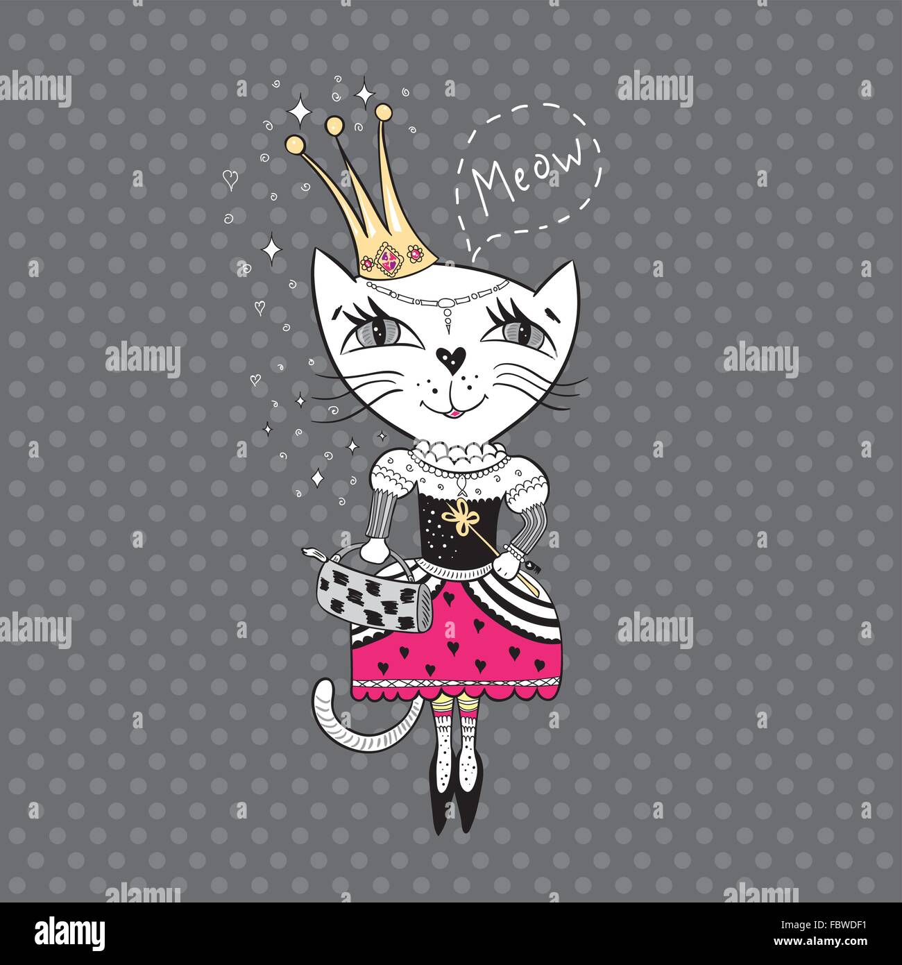Funny cat con la corona e il sacchetto in un bel vestito Illustrazione Vettoriale