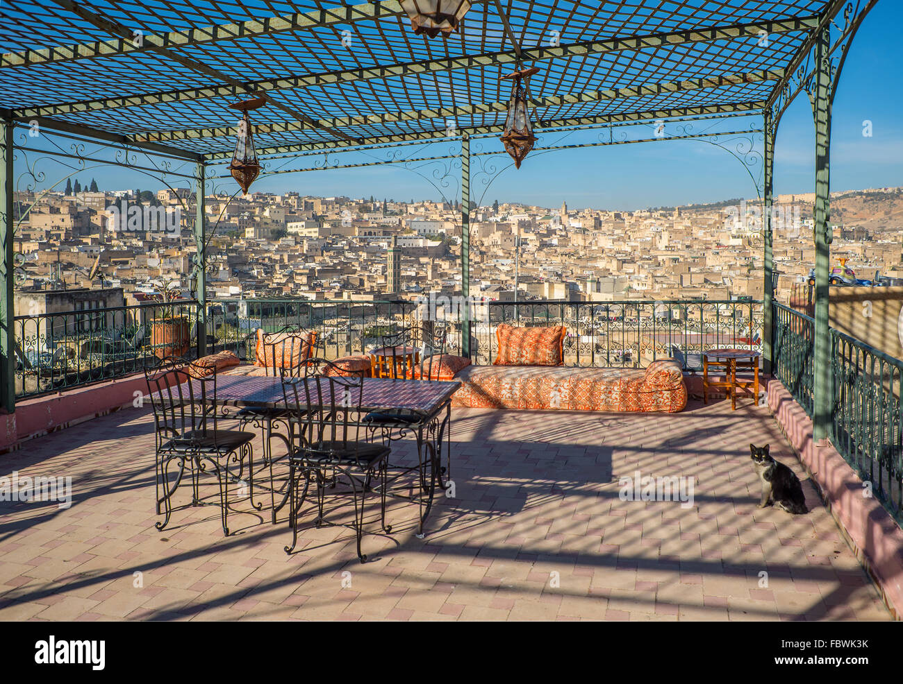 Vista dei tetti di Fez Medina da un terrazzo pergolato in ferro. Fez, in Marocco. Il Nord Africa. Foto Stock