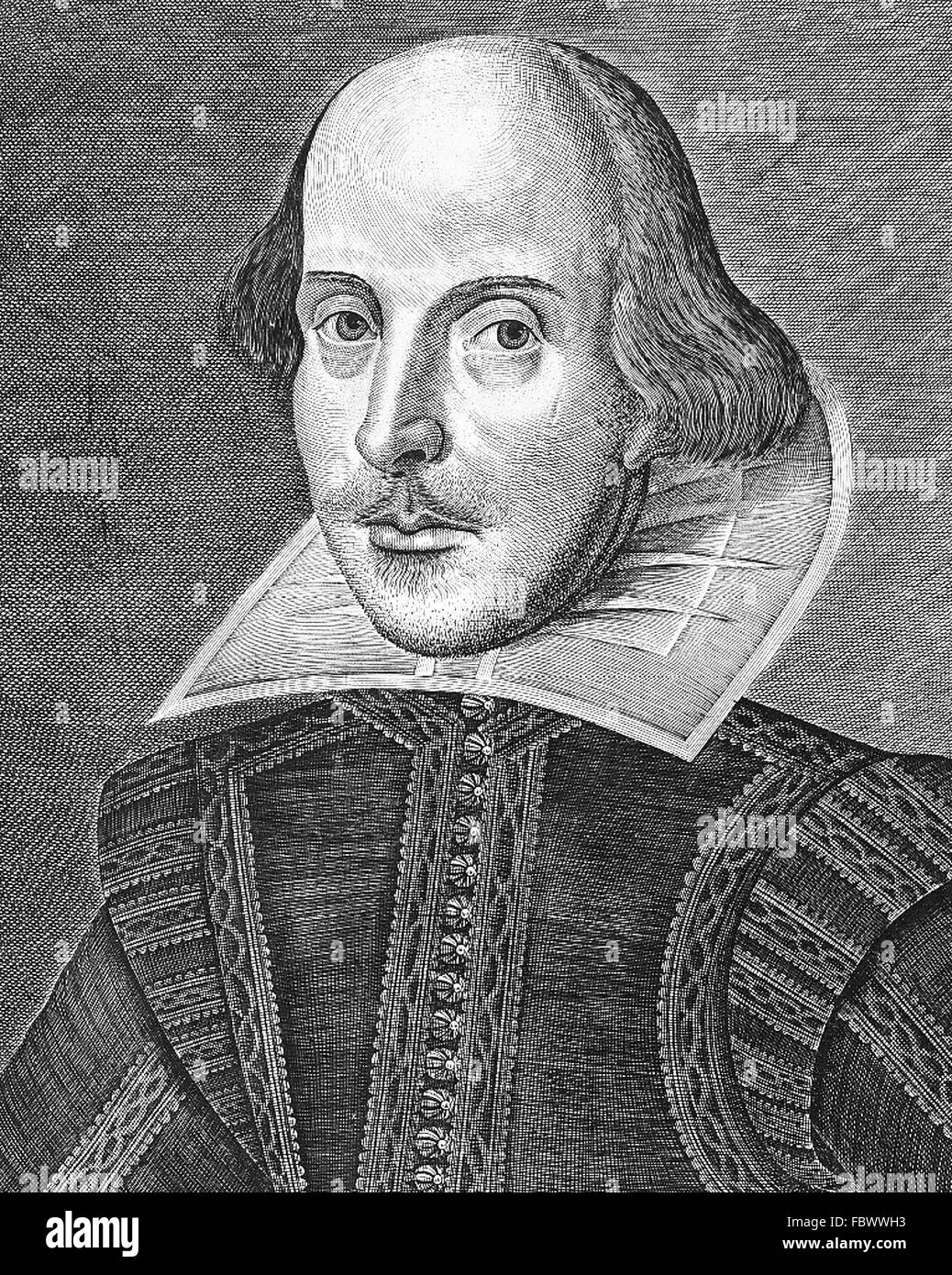 Shakespeare, ritratto. Incisione su rame di William Shakespeare da Martin Droeshout dalla pagina del titolo del primo Folio, pubblicato nel 1623 Foto Stock