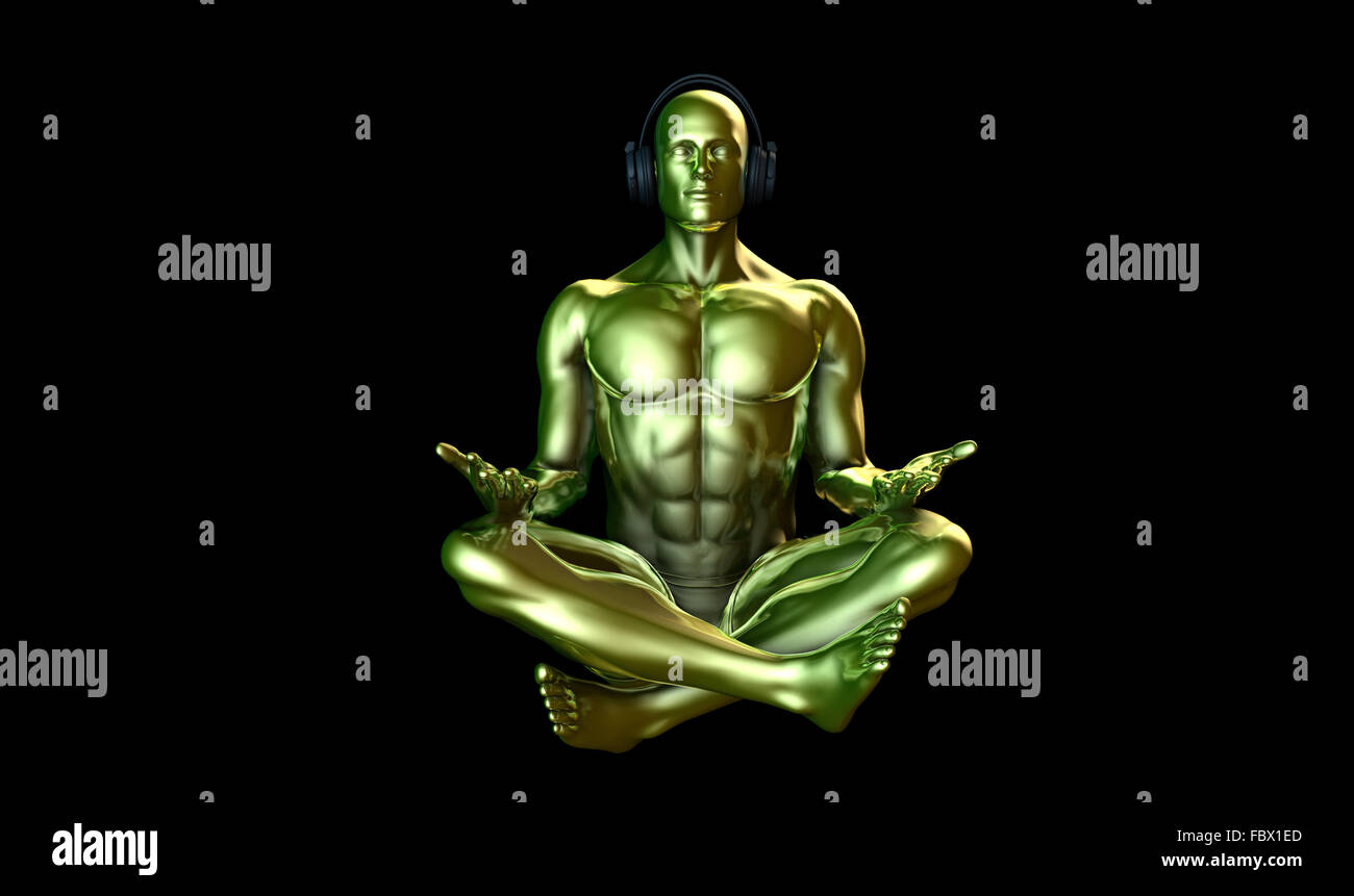 Zen uomo musica ascoltare con le cuffie in 3D Foto Stock