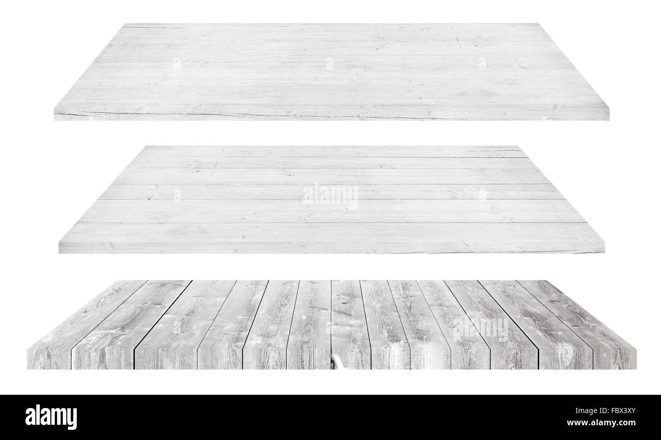 Bianco ripiani in legno o sul ripiano di un tavolo isolato su bianco Foto Stock Bianco ripiani in legno o sul ripiano di un tavolo isolato su bianco Foto Stock