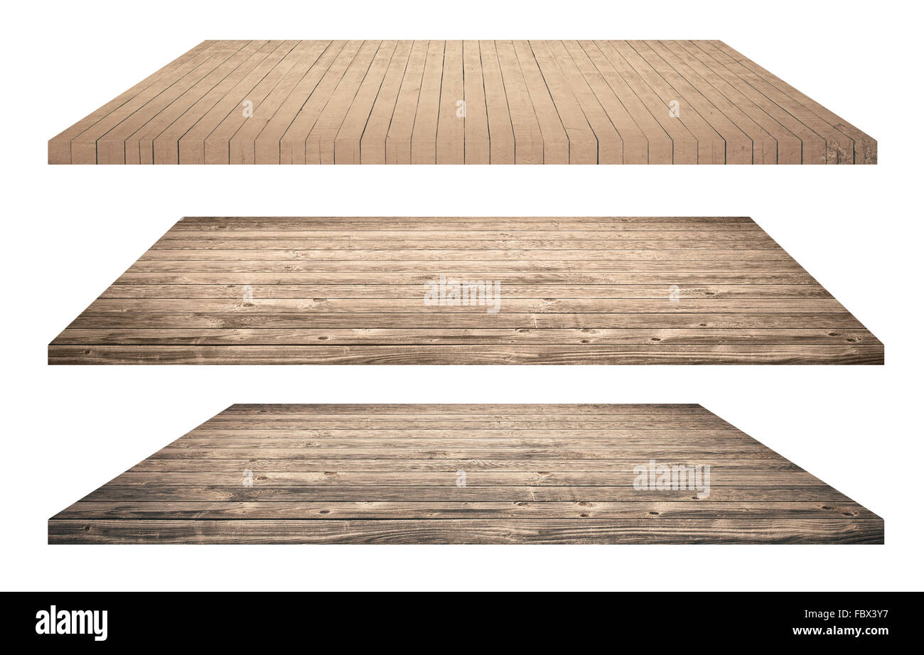 Ripiani in legno o sul ripiano di un tavolo isolato su bianco Foto Stock Ripiani in legno o sul ripiano di un tavolo isolato su bianco Foto Stock