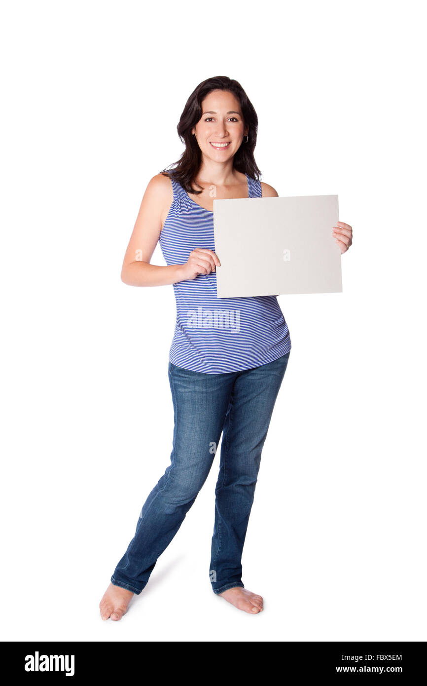 Donna felice hoding whiteboard Foto Stock