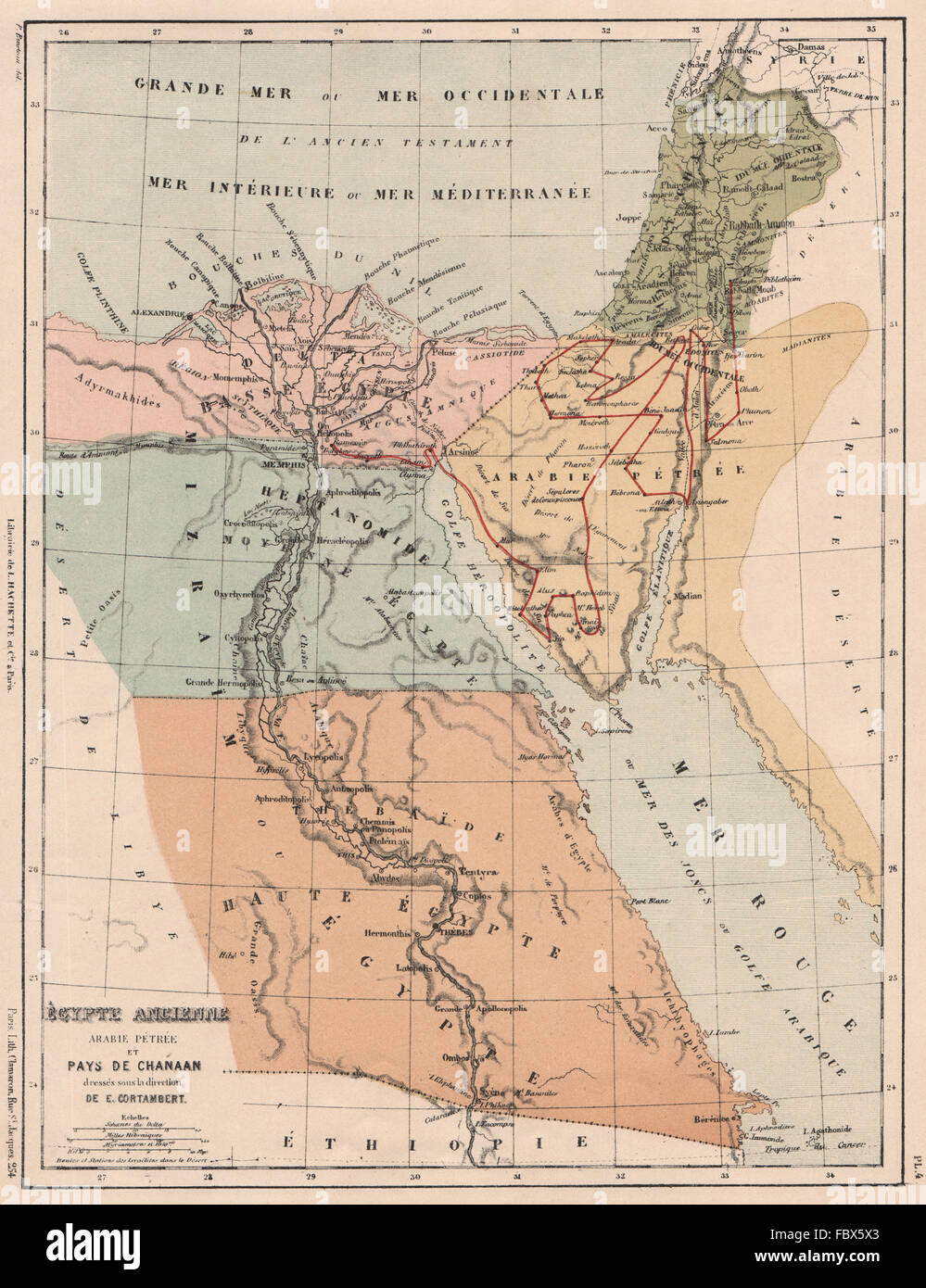 Antico Egitto e Palestina. Percorso dell'Esodo. Arabia Petrea Canaan, 1880 Mappa Foto Stock