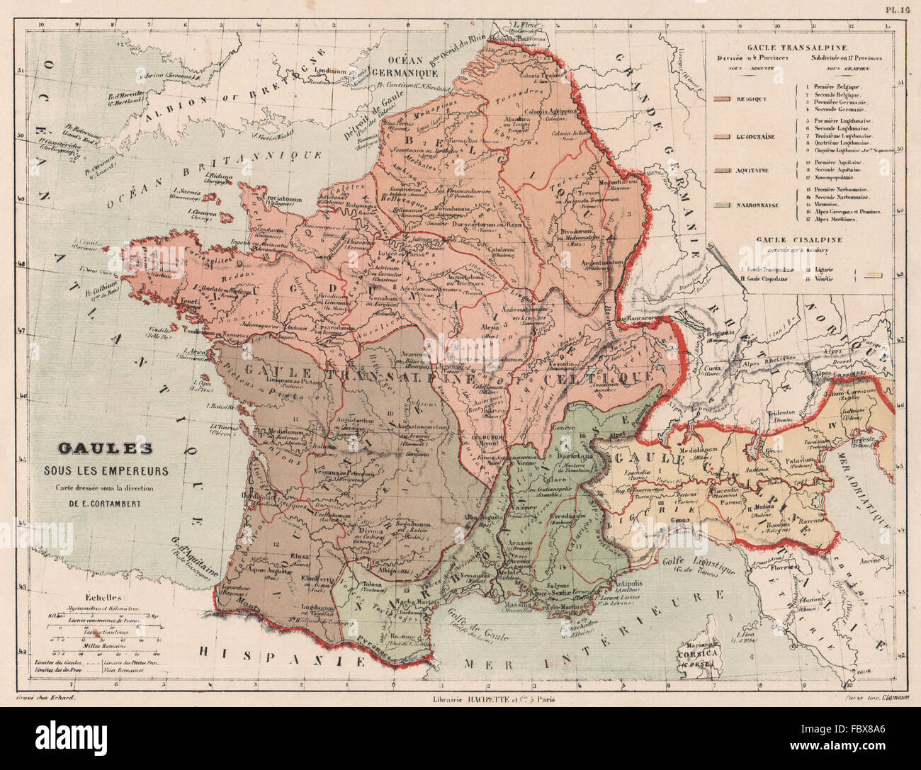 Gallia romana. Narbonensis Gallia Transalpina Cisalpina Belgica Celtica, 1880 Mappa Foto Stock