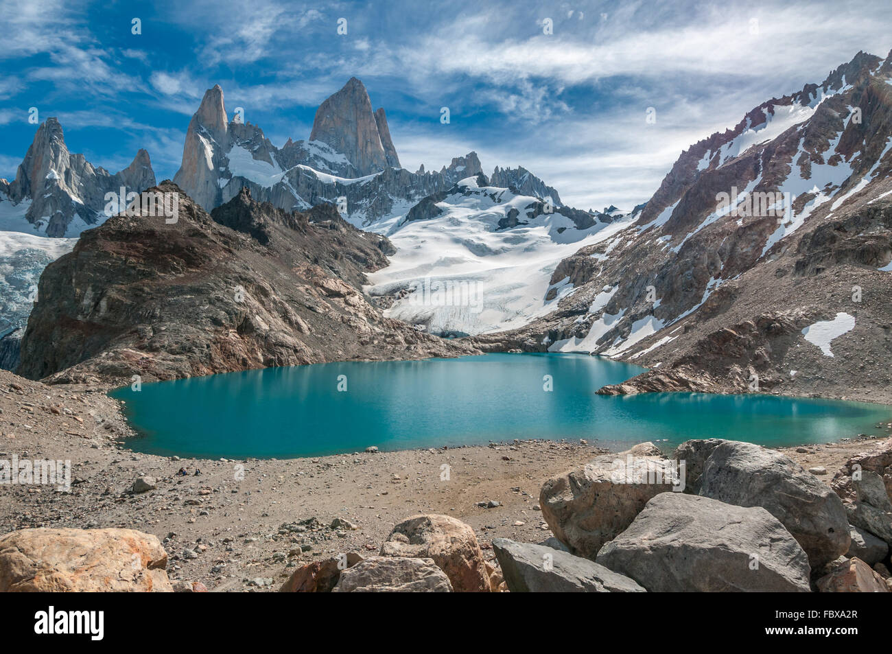 Fitz Roy mountain e la Laguna de los Tres, Patagonia, Argentina Foto Stock